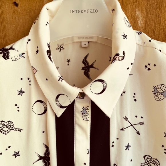 River Island Love Hearts Bierds Print Blouse 18( L ) Contrast Trim Long Sleeves - Picture 5 of 16